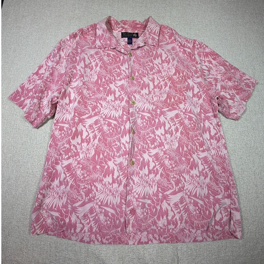 Nat Nast Mens XL Pink White Luxury Silk Hawaiian Short Sleeve Button Front Shirt